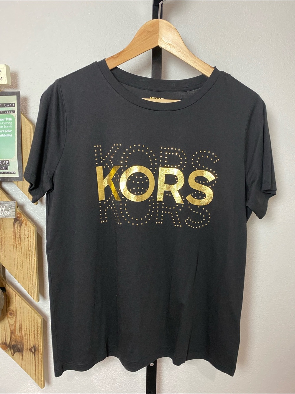 Michael Kors Black Tee with Gold KORS Graphic 19”ptp 24”L luxurious modal cotton